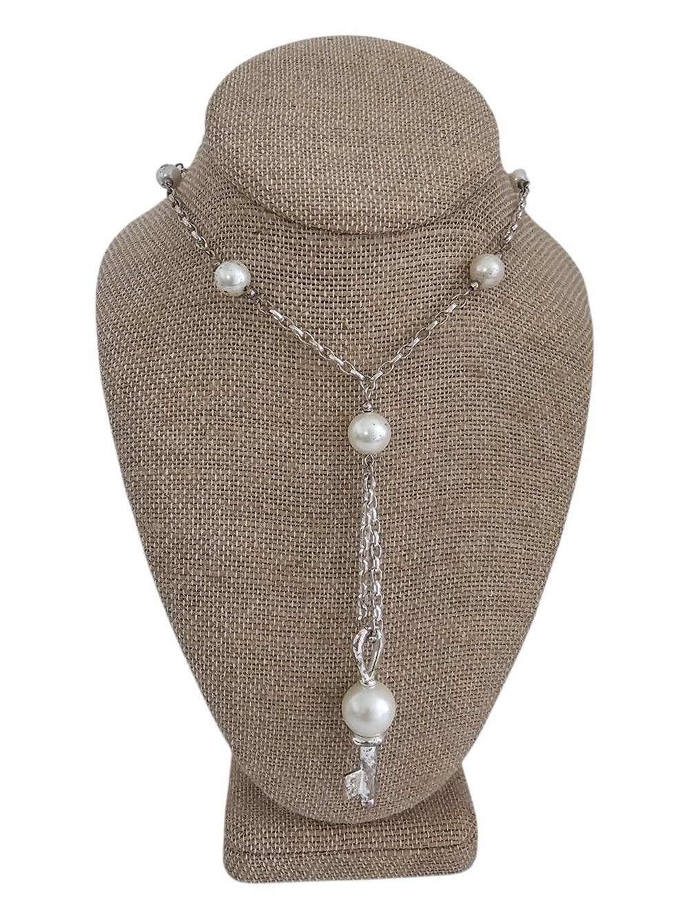 Napier Silver Tone Y-Drop Cable Chain Necklace Simulated Pearl Key Charm Signed